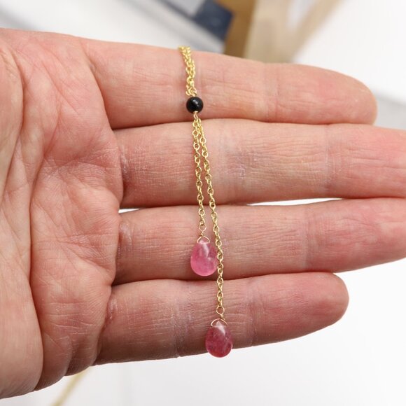Tourmaline Dangle Necklace 14k Yellow Gold Pink Gemstone Drops (#8) - Picture 4 of 10